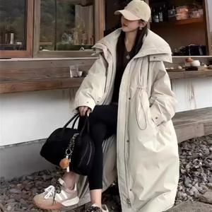 신상 여성용 롱 다운 코튼 재킷 드로스트링 후드 파카 두꺼운 따뜻한 외투 2025 겨울 긴 소매 코튼 코트