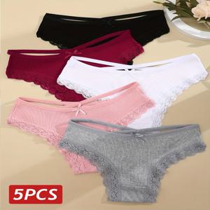 5PCS 여성 코 튼 팬티 섹시 한 레이스 Underpant 중공 브라질 팬티 편안한 속옷 란제리 S-XL 솔리드 컬러 란제리