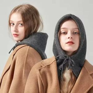 겨울 스키 마스크 따뜻한 스카프 후드 달린 발라클라바 풀오버 니트 비니 모자 두꺼운 드로스트링 니트 발라클라바 스키 마스크