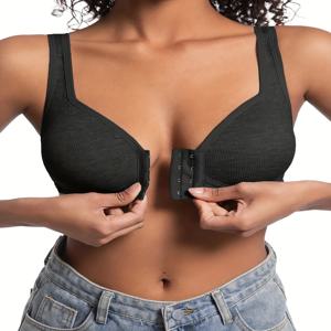 여성용 브라 와이어 프리 전면 클로저 솔리드 컬러 풀 커버리지 고정 컵 중년 및 노년층을 위해 더 고려됨