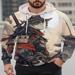 1개 남성용 사무라이 고양이 3D 프린트 후드티(캥거루 포켓 포함), 캐주얼 폴리에스터 긴 소매 스웨트셔츠(드로스트링 포함), 올시즌용