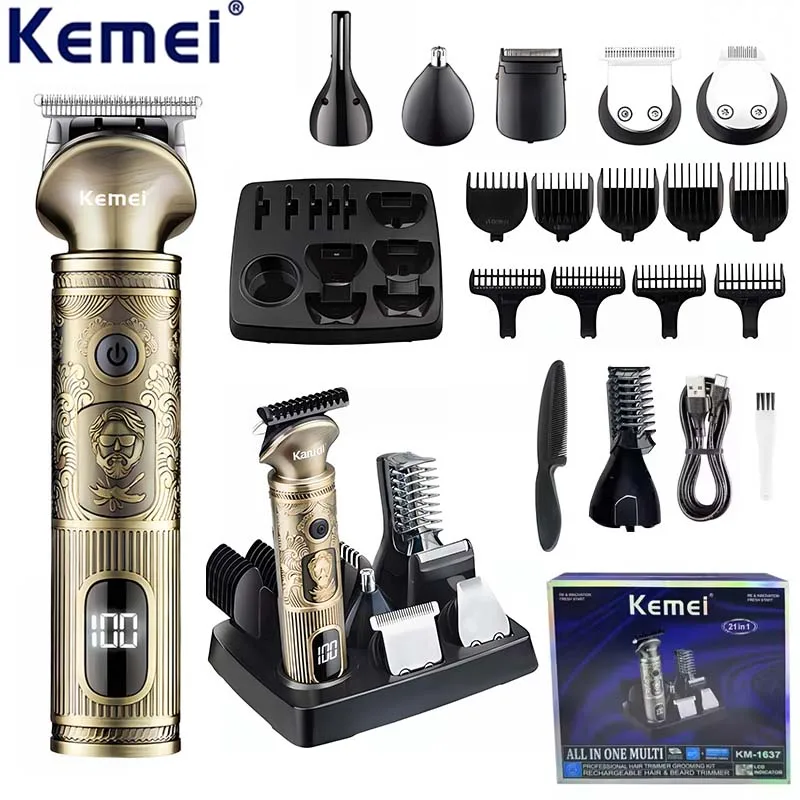 Kemei KM-1637 개인화 된 머리 깎기 세트 다기능 LCD 디스플레이 머리 깎기 미용 세트 머리 깎기 세트