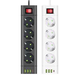 EU 플러그 전원 스트립 DC 콘센트 연장 코드 3/4/5구 전기 소켓, 3개의 USB 타입-C 포트 포함, 2500W 멀티콘택트 가전제품