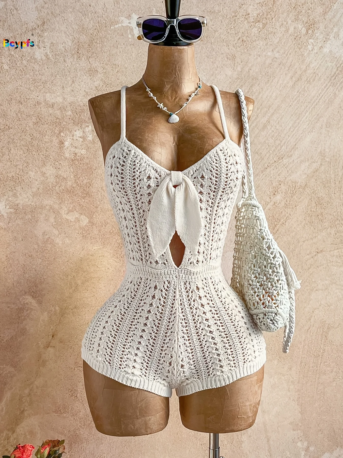 보헤미안 스타일 여성용 화이트 크로셰 롬퍼, 앞면 끈 장식, 속이 비치는 민소매, 등이 없는 니트 플레이수트, 해변 휴가복