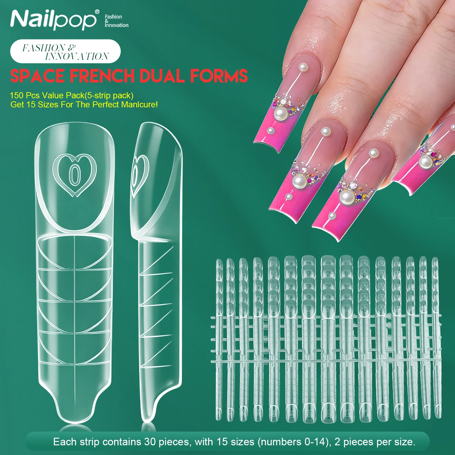 네일팝 스페이스 프렌치 듀얼 폼 15 사이즈 60/150개 투명 재사용 가능 네일 연장 젤 프렌치 팁 매니큐어 도구 DIY 아트 살롱