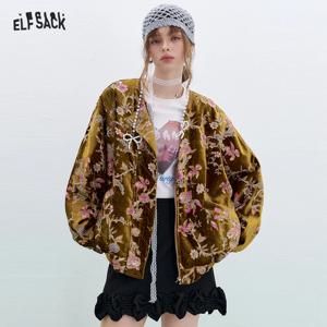 ELFSACK 골드 벨벳 재킷 여성용 겨울 짧은 코트, 수놓은 금붕어 중국 스타일 빈티지 루즈 패딩 재킷