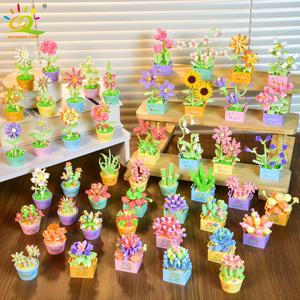 HUIQIBAO MOC 꽃 즙이 많은 화분 모델 빌딩 블록 DIY 영원한 꽃다발 홈 데스크 식물 장식 벽돌 소녀 선물 어린이 장난감