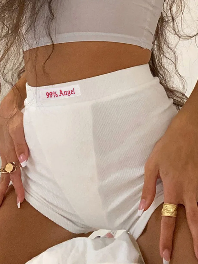 여름 흰색 편지 자수 바이커 반바지 여성 리버 니트 블랙 하이 웨스트 캐주얼 streetwear 반바지