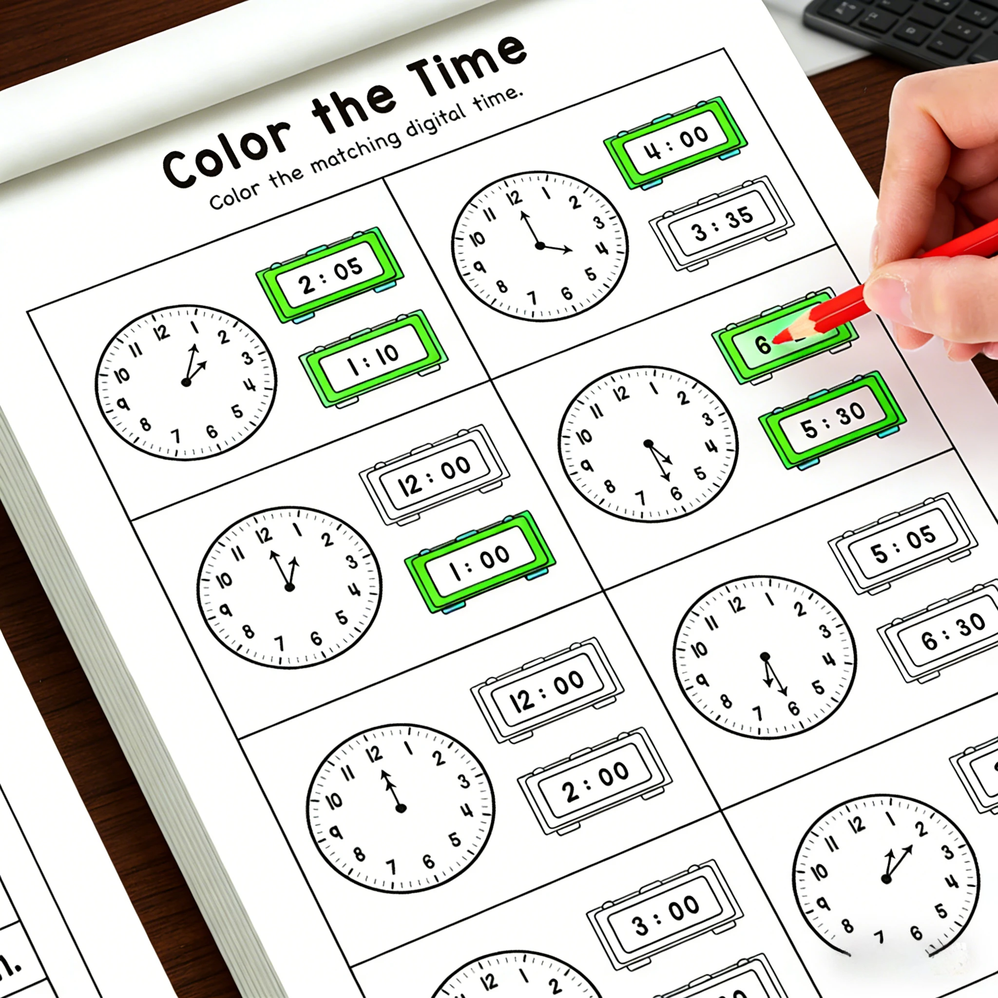 어린이를 위한 시간 측정 워크북 |   32페이지 시간 측정 방법 배우기 활동북 |   유치원 및 유아원을 위한 연습용 시계