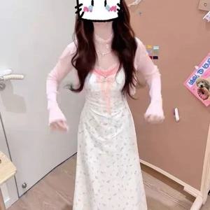 오리지널 스위트 피치 치즈 플로럴 프린트 여름 핑크 자외선 차단 랩 투피스 세트 (여성용 스트랩리스 드레스 포함)