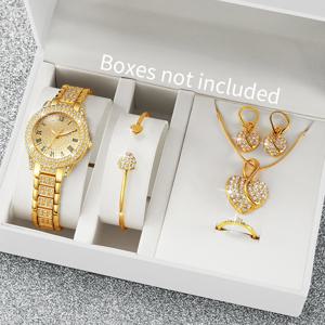 2/6PCS 럭셔리 다이아몬드 여성 시계 숙녀 로마 다이얼 쿼츠 시계 하트 쥬얼리 세트 Reloj Mujer (상자 없음)