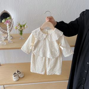 아기 여자 레이스 칼라 상의, 와이드 팬츠 세트, 가을 여자아이 리본 상의, 자카드 패브릭 팬츠 투피스 세트