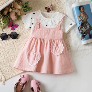 아기 여자 여름 원피스, 물방울 무늬 면 반팔 하트 포켓 레이스 공주 드레스