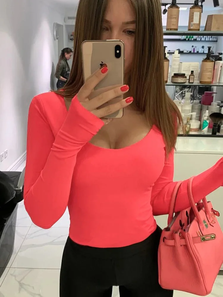 오렌지 네온 바디 수트 여성 긴 소매 Bodycon 섹시한 가을 겨울 streetwear 클럽 파티 복장 캐주얼 여성 의류