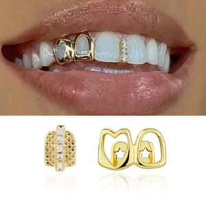 골든 그릴즈 치아 장식 세트 구리 지르콘 박힌 속이 빈 하트 데일리 착용 가능 힙합 스타일 발렌타인 선물 (남녀공용)