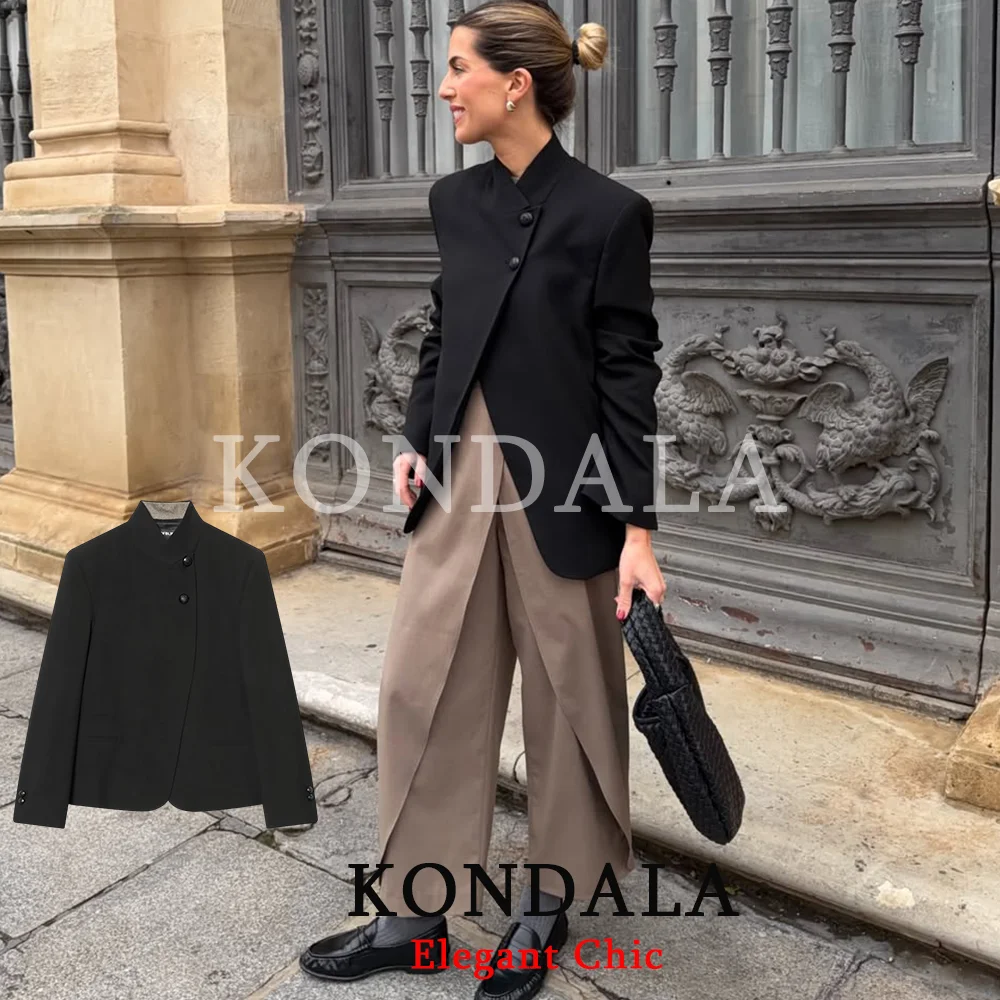 KONDALA 여성 트렌디 블랙 해킹 통근 블레이저 터틀넥 블레이저 2026 봄 가을 오피스 레이디 심플 파티 홀리데이 블레이저