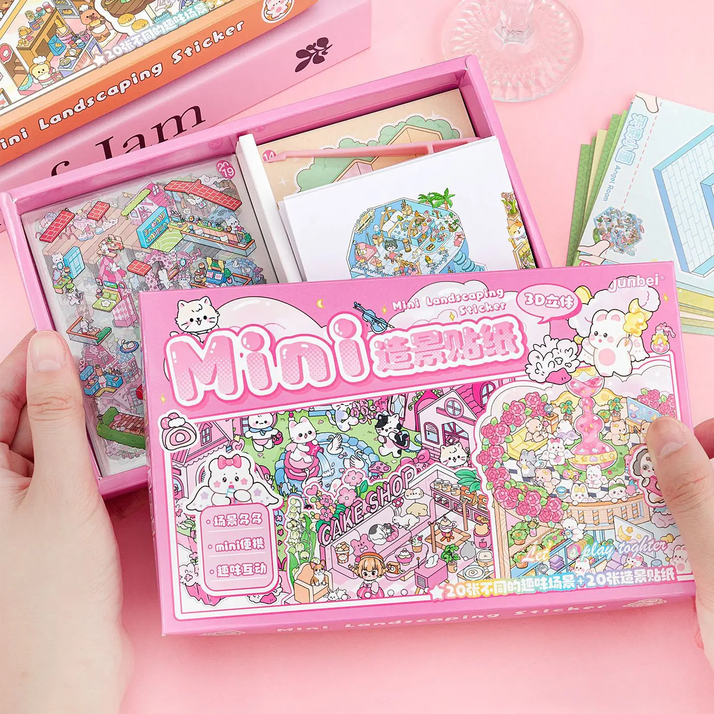 창의적인 만화 3D 풍경 스티커북 PET 미니 캐빈 장면 스티커 DIY 스티커 캐빈 장면 스티커 선물 상자