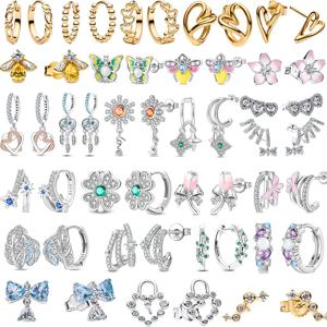 오리지널 925 스털링 실버 컬러풀 귀걸이 나비 하트 꽃 리본 벌 스터드 귀걸이 여성 쥬얼리 액세서리 선물