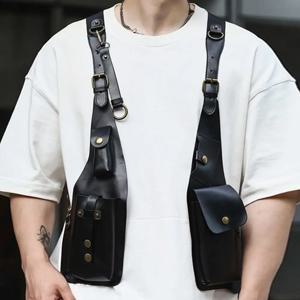 레트로 스팀펑크 숄더 하네스 백 PU 가죽 도난 방지 빈티지 언더암 백 듀얼 폰 케이스 조절 가능한 스트랩