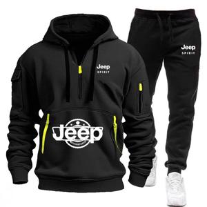 JEEP Spirit 봄과 가을 멀티 포켓 지퍼 울 후디 캐주얼 후디 아웃도어 패션 후디 스웨트팬츠 스포츠 세트