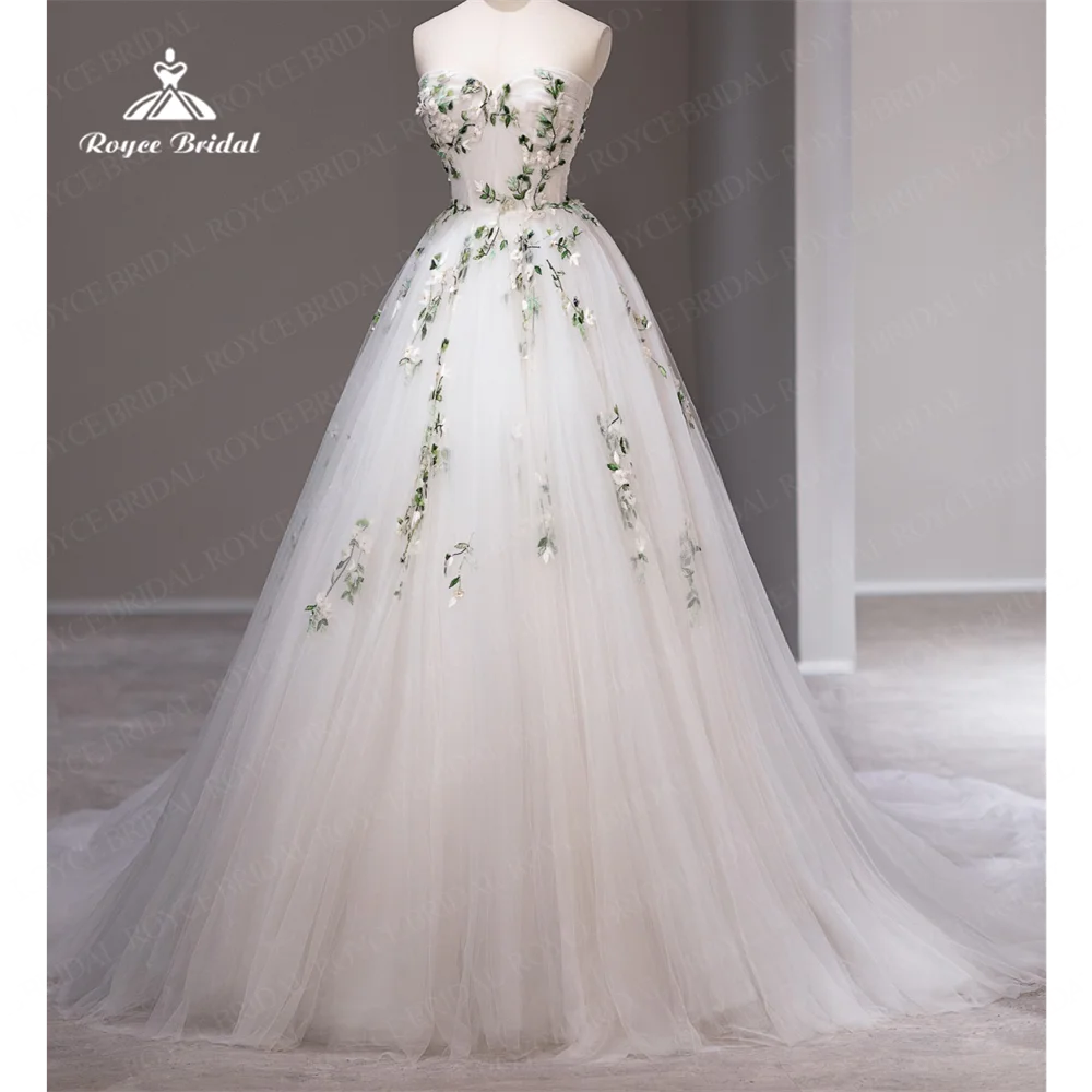 Roycebridal 스트랩리스 A 라인 웨딩 원피스, 2025 코트 트레인 오간자, 자수 웨딩 가운