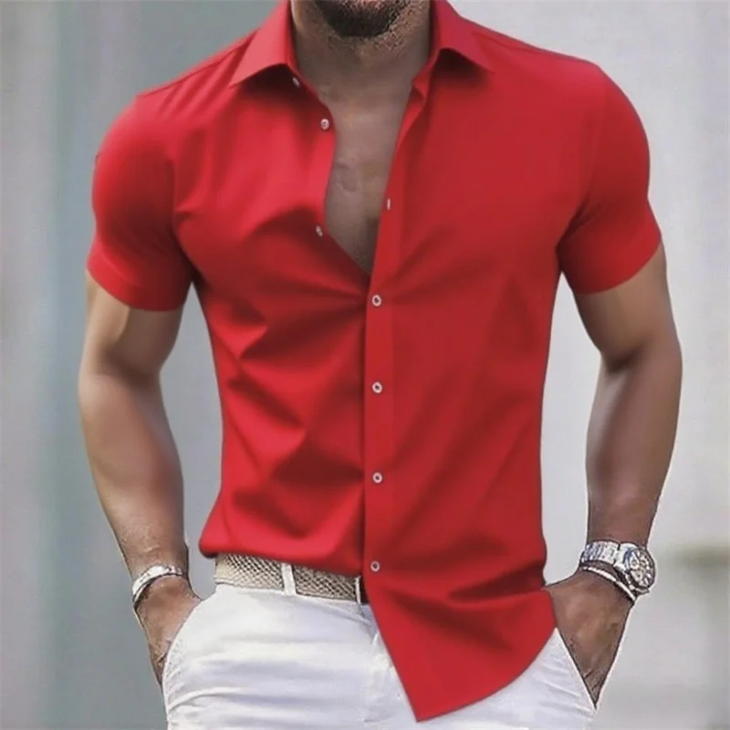 단색 남성 캐주얼 셔츠, 패셔너블한 캐주얼 반소매 스트레치 원단, 비즈니스 정장 셔츠, 편안한 원단