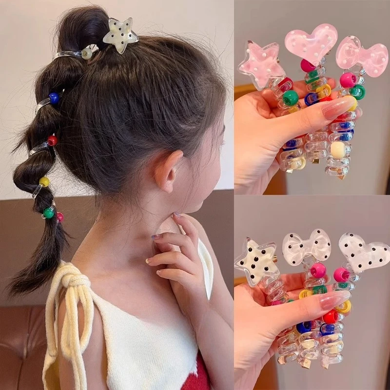 다채로운 심장 탄성 고무 밴드 어린이 전화선 헤어 타이 나선형 코일 헤어 밴드 헤어 로프 포니 테일 헤어 액세서리