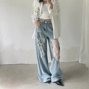 와이드 레그 팬츠 청바지 여성 레이스 홀 데님 하이 웨이스트 디스트레스드 워시드 스트릿웨어 루즈 트라우저 빈티지 플로어 기장 2025