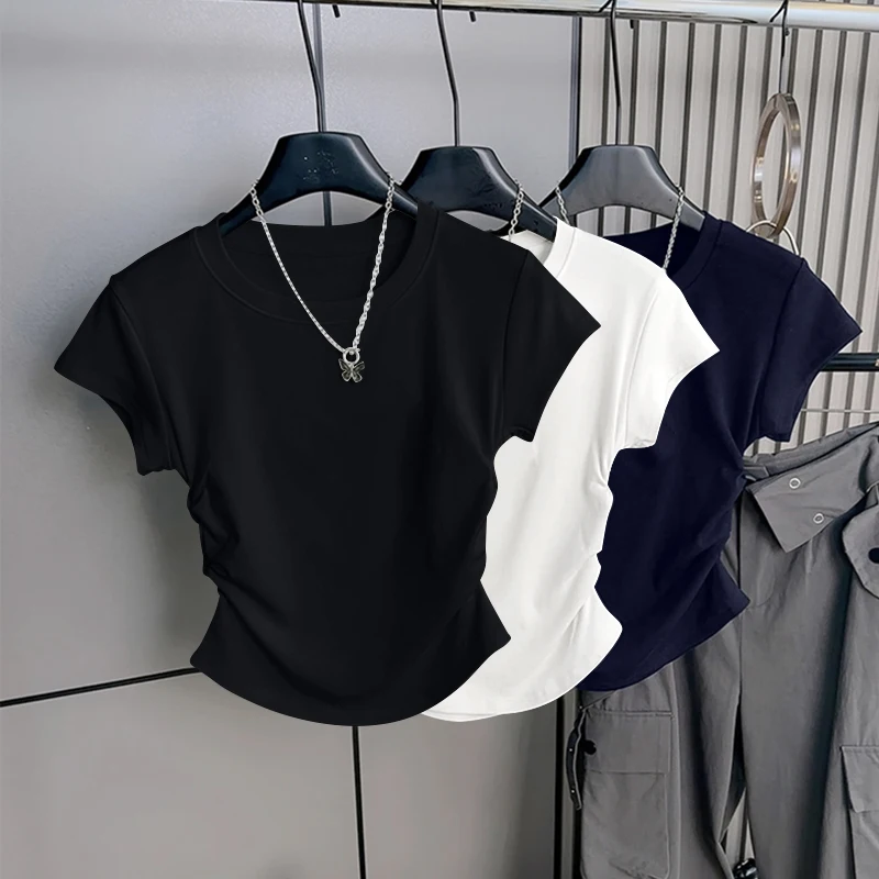 여성 반팔 티셔츠 2025 신상 여름 유행 허리 라인 강조 디자인 출퇴근 슬리밍 다용도 탑 스레드 디자인