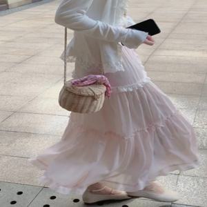 Ezgaga 스위트 스커트 여성용 리본 레이스 패치워크 신축성 높은 허리 봄 2025 패션 우아한 롱 스커트 여성 캐주얼