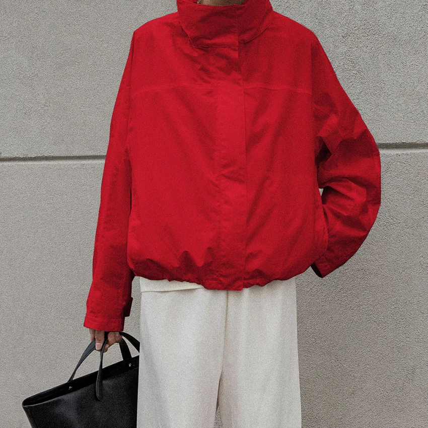 리나드 스트리트 시크 레드 터틀넥 지퍼 재킷 가을 캐주얼 긴팔 아우터웨어 패션 코트 여성용 탑 2025