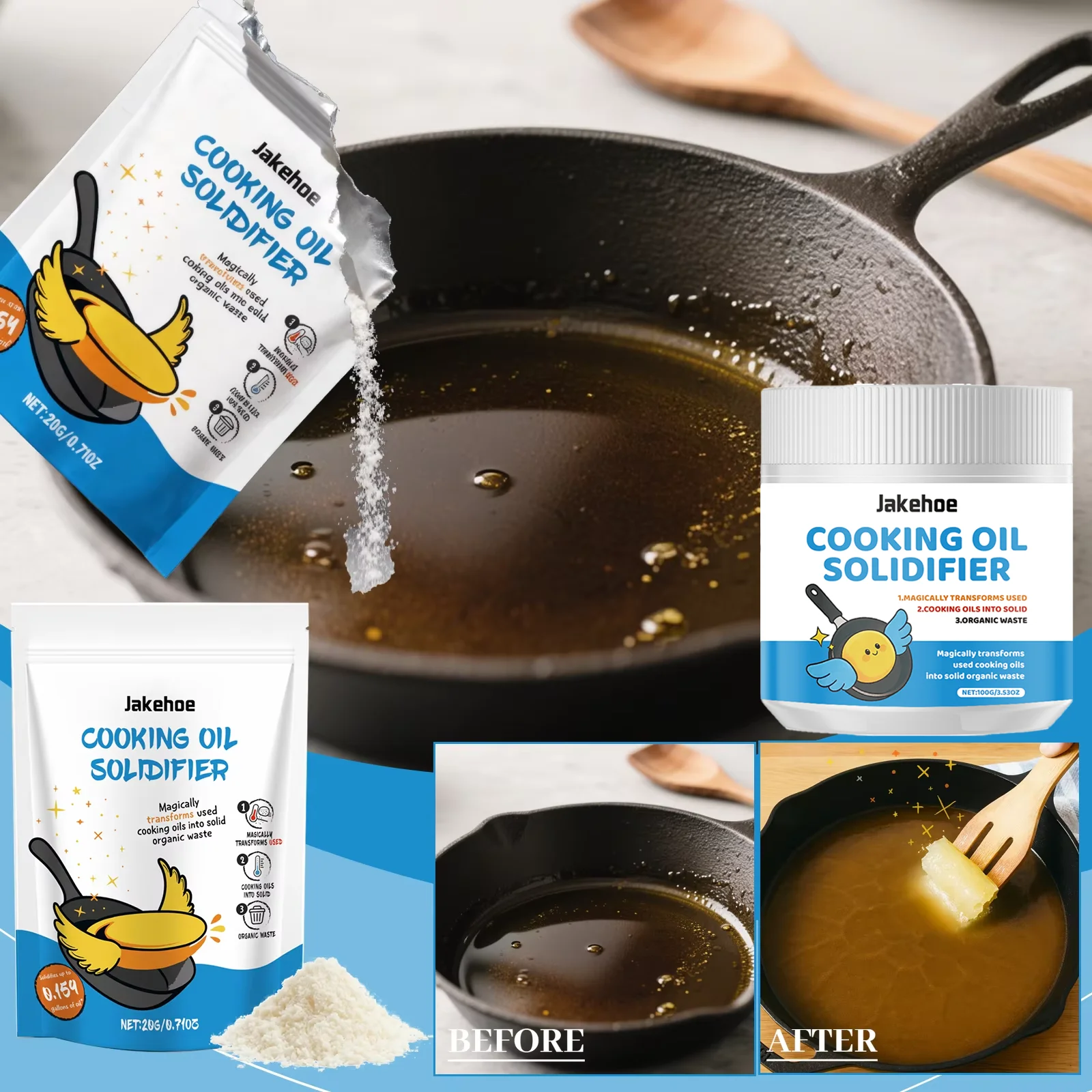 요리용 기름 고형화제 분말 뜨거운 기름 경화제 사용된 튀김기 오일 폐식물성 기름 친환경 주방 청소 도구