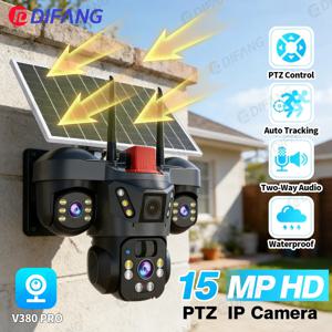 WiFi 태양광 카메라 야외 무선, 8K 트리플 렌즈 및 트리플 스크린 PTZ CCTV, 인간 자동 추적, IP66 방수 보안 카메라