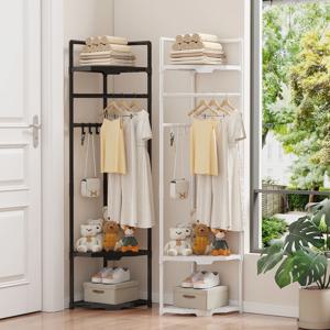 1단/다층 금속 옷걸이(후크 포함)/스탠딩 옷걸이, 특수 코너 수납 선반, 다기능 신발 및 액세서리 수납 선반, 침실 또는 거실에 적합, 흑백 디자인, 코트, 재킷, 모자 및 열쇠/장식품 전시에 적합, 삼각형 코너 장식 수납 선반