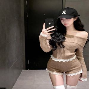 섹시 레트로 원숄더 니트 스웨터 투피스 세트 여성용 숏 스타일 트렌디 가을 겨울 패션 앙상블 하이 엘라스티시티