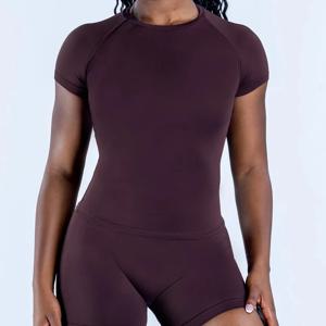 여성용 반팔 스포츠 티셔츠 로고, 크롭 짐 탑, 가벼운 요가 탑, 신축성 있는 운동 티셔츠