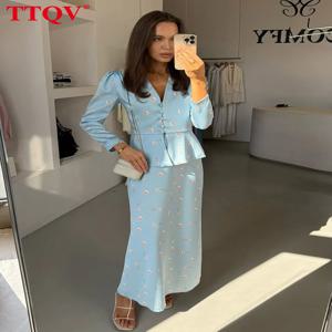 TTQV 패션 슬림 프린트 여성 투피스 세트 2026 우아한 긴팔 셔츠와 하이웨이스트 롱 스커트 세트 여성 의류