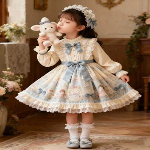 오리지널 신상 2026 봄 아동 드레스 여아 귀엽고 달콤한 퍼프 공주 스커트 만화 프린트 로리타 스타일 아동복