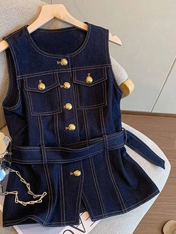 레트로 스타일 여성 데님 베스트 여름 신상 슬리밍 허리 조절 민소매 탑 통기성 아우터 라운드넥 싱글 버튼
