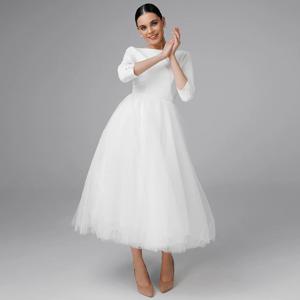 맞춤형 미디 웨딩 드레스, 신부용 티 길이 3/4 소매 짧은 웨딩 가운, 보트넥 버튼 A라인 심플한 신부 드레스