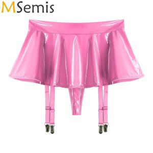 섹시한 여성용 프릴 미니 스커트, 붙박이 끈팬티 가터 벨트, 금속 클립, 젖은 모양 특허 가죽 란제리, 레이브 클럽웨어
