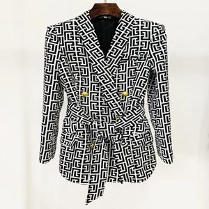 하이 스트리트 최신 2026 스타일리시 디자이너 재킷 여성용 더블 브레스티드 모노그램 프린트 숄 칼라 벨티드 블레이저