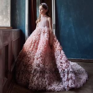 홀터 슬리브리스 플라워 걸 드레스 럭셔리 러플 튤 볼 가운 롱 퍼피 생일 파티 드레스 크리스마스 성찬식