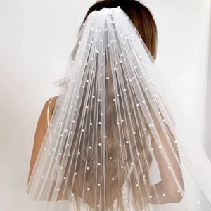 진주 브라이덜 베일 부드러운 1단 비즈 장식 웨딩 베일 신부용 대성당 길이 빗 포함 웨딩 액세서리 V05