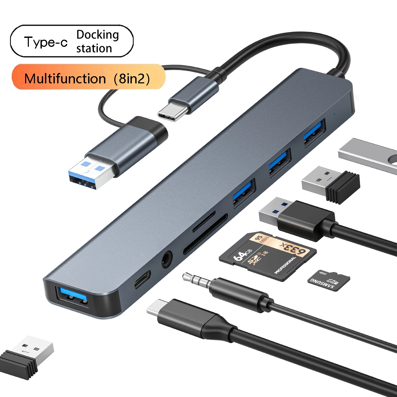 8in1 USB C 허브 4개의 USB 포트 1개의 USB-C 잭 TF/SD 카드 리더 3.5mm 오디오 출력 맥북 프로 아이패드 프로 아이폰 15 노트북용