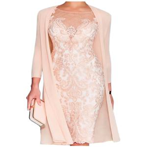 신부 어머니 원피스 포멀 웨딩 쥬얼리, 목 무릎 길이, 쉬폰 레이스, 3/4 소매, 구슬 장식 아플리케 2024