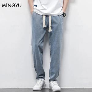 고품질 완전 탄성 허리 남성 청바지 코튼 소프트 Drawstring 스트레이트 바지 한국 캐주얼 바지 남성 플러스 사이즈 S-5XL