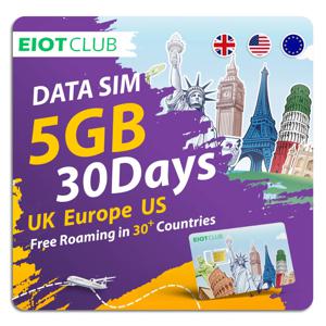 EIOTCLUB 유럽 SIM 카드 5GB 30일, 37개 유럽 국가 및 미국 적용, 여행용 SIM 카드, 휴대폰, 와이파이 라우터, 핫스팟