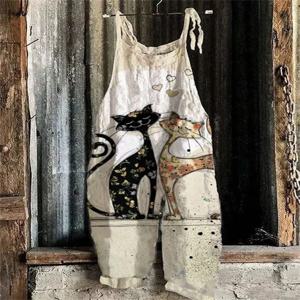 새로운 여성 재미 고양이 인쇄 조절 가능한 스트랩 Romper 가을 넓은 다리 Romper 느슨한 캐주얼 턱받이 작업복과 작업복 Romper 스트랩