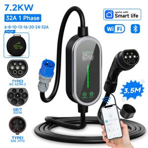 AFYEEV 유형 2 휴대용 EV 충전기 7.2KW 32A 1상 Wallbox Type1 GB/T EVSE 충전 케이블 CEE 플러그 WiFi APP Bluetooth 제어